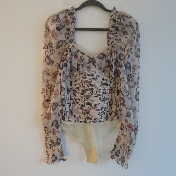 FREE PEOPLE Brunch Date Sheer Bodysuit in Floral Ivory Combo - Size S NWT - Picture 3 of 16